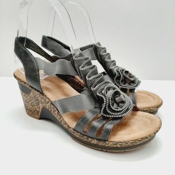 RIEKER Roberta Women's Wedge Sandal Gray Zipper Rosette Sz Eur 37 US 6 - Picture 2 of 13